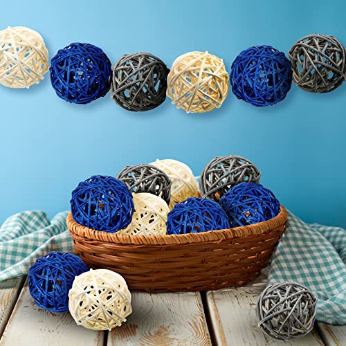 24 Pcs Rattan Balls 1.8 Inches Wicker Balls Orb Decorative Balls for Centerpiece Bowls Vase Fillers for Home Decor Glass Table Room Kitchen Aromatherapy Wedding Decorations, Dark Blue, Gray, White