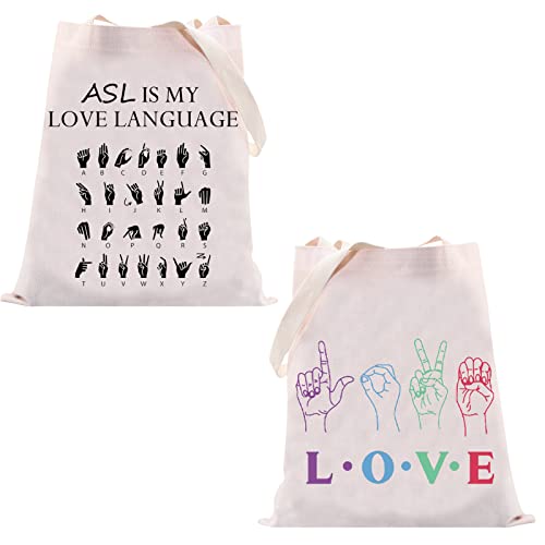 VAMSII ASL Tote Bag Sign Language Teacher Gift ASL Interpreter Deaf Gifts Casual Tote Shopping Handbag Bag ASL Gifts (ASL Tote Bag)