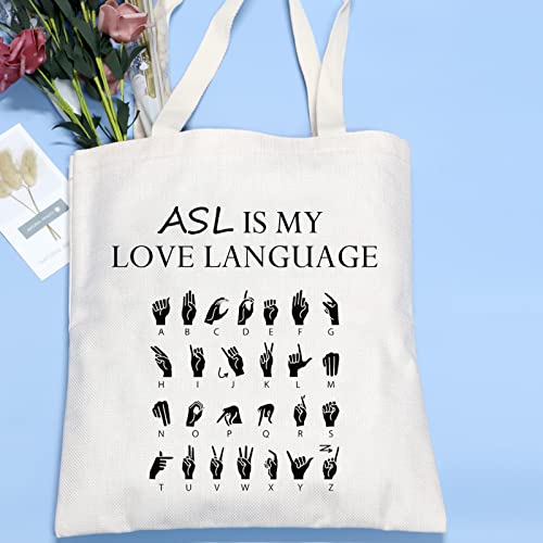 VAMSII ASL Tote Bag Sign Language Teacher Gift ASL Interpreter Deaf Gifts Casual Tote Shopping Handbag Bag ASL Gifts (ASL Tote Bag)