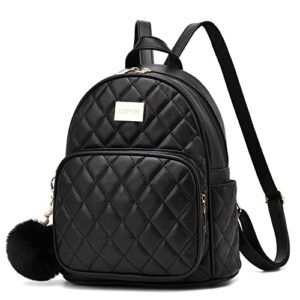 lcfun small backpack purse for women teen girls lightweight travel shoulder bag leather mini backpacks cute pom bookbag black