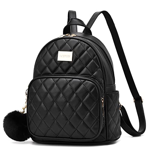 LCFUN Small Backpack Purse for Women Teen Girls Lightweight Travel Shoulder Bag Leather Mini Backpacks Cute Pom Bookbag Black