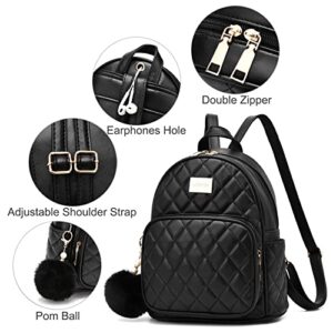 LCFUN Small Backpack Purse for Women Teen Girls Lightweight Travel Shoulder Bag Leather Mini Backpacks Cute Pom Bookbag Black