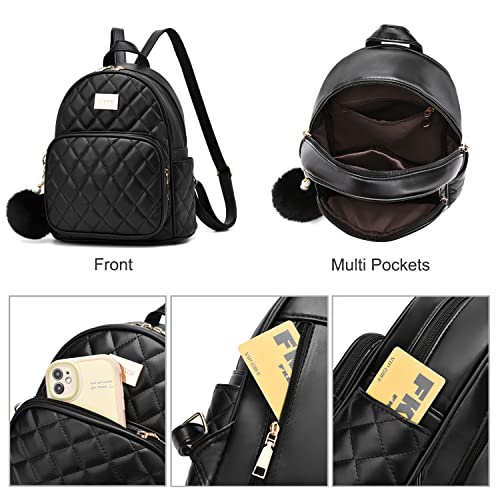 LCFUN Small Backpack Purse for Women Teen Girls Lightweight Travel Shoulder Bag Leather Mini Backpacks Cute Pom Bookbag Black