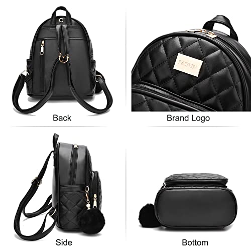 LCFUN Small Backpack Purse for Women Teen Girls Lightweight Travel Shoulder Bag Leather Mini Backpacks Cute Pom Bookbag Black