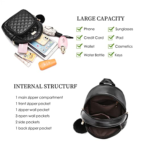 LCFUN Small Backpack Purse for Women Teen Girls Lightweight Travel Shoulder Bag Leather Mini Backpacks Cute Pom Bookbag Black