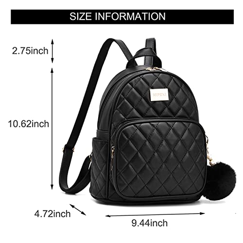 LCFUN Small Backpack Purse for Women Teen Girls Lightweight Travel Shoulder Bag Leather Mini Backpacks Cute Pom Bookbag Black