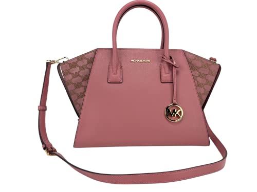 Michael Kors Avril Large Top Zip Satchel Crossbody Bag MK Pink Rose MK Leather