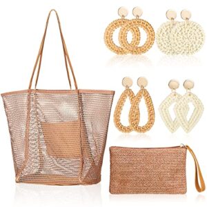 summer beach accessories for women including mesh beach tote straw clutch bag bohemian handmade rattan earrings for women girls