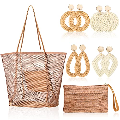 Summer Beach Accessories for Women Including Mesh Beach Tote Straw Clutch Bag Bohemian Handmade Rattan Earrings for Women Girls