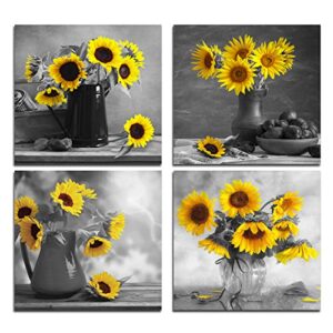 sunflower in vase wall art decor – for indoor home decoration flower prints unframed 12×12 inches 4 pcs sunflower paintings yellow pictures grey artwork decor for bathroom living room bedroom kitchen