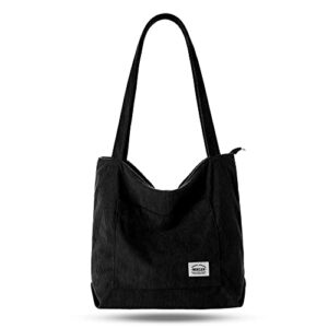 women corduroy tote bag with zipper large capacity shoulder bags casual handbags big shopping bags for daily use work school-black