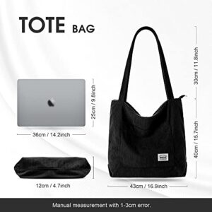 Women Corduroy Tote Bag with Zipper Large Capacity Shoulder Bags Casual Handbags Big Shopping Bags for Daily Use Work School-Black