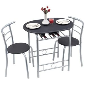 vecelo 3 piece wood round table & chair set for dining room kitchen bar breakfast, with wine storage rack, space saving, 31.5″, black and silver