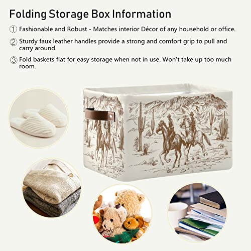 Cowboy Storage Basket Western Desert Cowboy Storage Bin Collapsible Large Storage Baskets with Leather Handles Storage Cube Box Organizer for Closet Toys Gift Basket,1PC