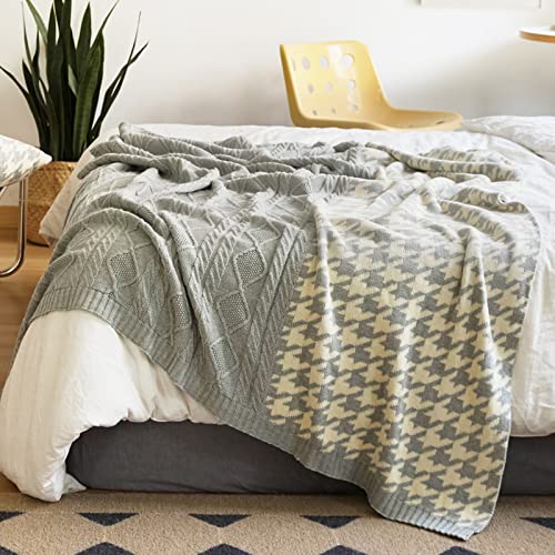 GunziStreet 100% Pure Cotton Knitting Throw Blanket Houndstooth Thousand-Bird Pattern Splicing Nordic Style Soft Warm Home Decor for Bed Couch Bedroom (Light Gray, 51x63)