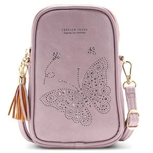 aphison cell phone purse crossbody for women, butterfly leather phone crossbody bags for women, cute phone bag for teen girls with tassel adjustable long strap purple