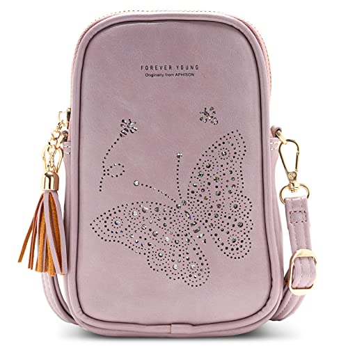 APHISON Cell Phone Purse Crossbody for Women, Butterfly Leather Phone Crossbody Bags for Women, Cute Phone Bag for Teen Girls with Tassel Adjustable Long Strap Purple