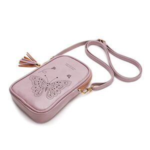 APHISON Cell Phone Purse Crossbody for Women, Butterfly Leather Phone Crossbody Bags for Women, Cute Phone Bag for Teen Girls with Tassel Adjustable Long Strap Purple