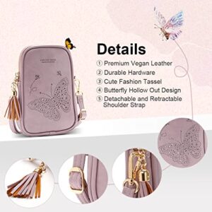 APHISON Cell Phone Purse Crossbody for Women, Butterfly Leather Phone Crossbody Bags for Women, Cute Phone Bag for Teen Girls with Tassel Adjustable Long Strap Purple
