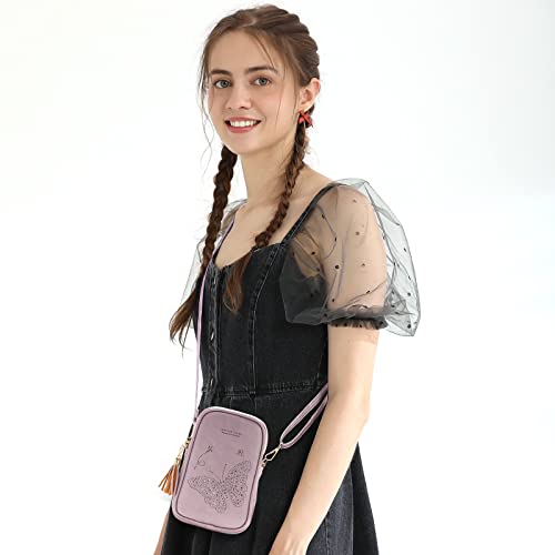 APHISON Cell Phone Purse Crossbody for Women, Butterfly Leather Phone Crossbody Bags for Women, Cute Phone Bag for Teen Girls with Tassel Adjustable Long Strap Purple