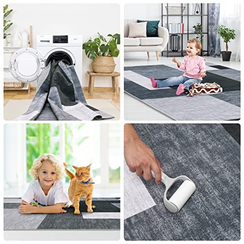 Fashionwu Grey Rug Ultra Soft Vintage Entryway Rug Velvet Rug Pet & Kid Friendly Low-Pile Geometric Rug for Bedroom Living Room Dining Room Kitchen, 4' x 6' Gray