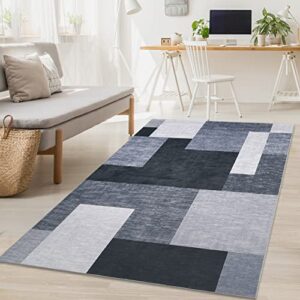 Fashionwu Grey Rug Ultra Soft Vintage Entryway Rug Velvet Rug Pet & Kid Friendly Low-Pile Geometric Rug for Bedroom Living Room Dining Room Kitchen, 4' x 6' Gray