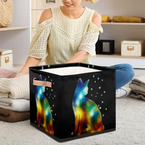 Galaxy Animal Cat Cube Storage Bins 13 Inch Fabric Storage Basket Square Storage Bins Collapsible Nursery Storage Bin Organizer Basket Storage Box for Shelves, Closet