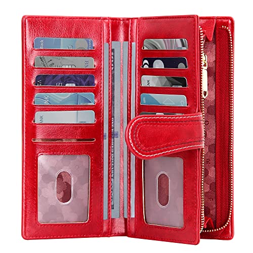 VOCUS Womens Leather Wallet Bifold Long Wallet Large Capacity Credit Card Holder Ladies Zipper Clutch