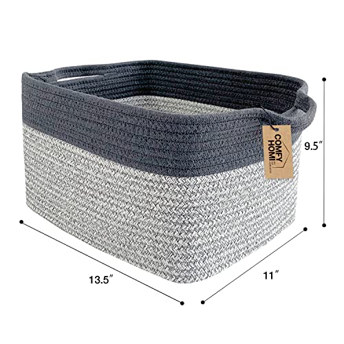 COMFY-HOMI Medium Rectangle Soft Cotton Rope Basket With Handles for Shelf, Gift, Towel, Blanket Storage Basket for Dog Toys Bin, Kid’s Room, Decorative Farmhouse 13.5" x 11" x 9.5"-Light Grey