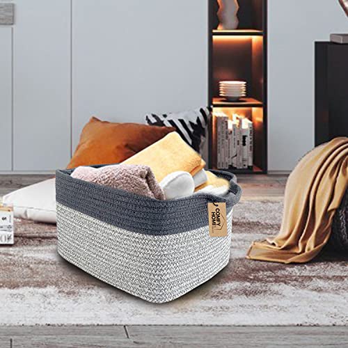 COMFY-HOMI Medium Rectangle Soft Cotton Rope Basket With Handles for Shelf, Gift, Towel, Blanket Storage Basket for Dog Toys Bin, Kid’s Room, Decorative Farmhouse 13.5" x 11" x 9.5"-Light Grey