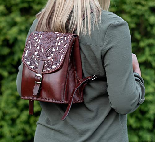 Mauzari Edessa Women's Tooled Leather Backpack Purse - Petite Sized & Organized (Koa)