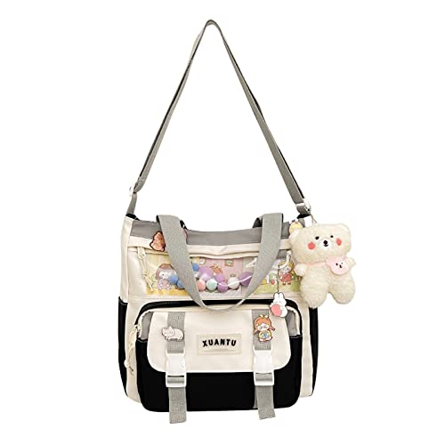 Aesthetic Messenger Bag with Stuffed Pendant and Pins Kawaii Crossbody School Hobo Bag for Women Girls (B-1-Black)