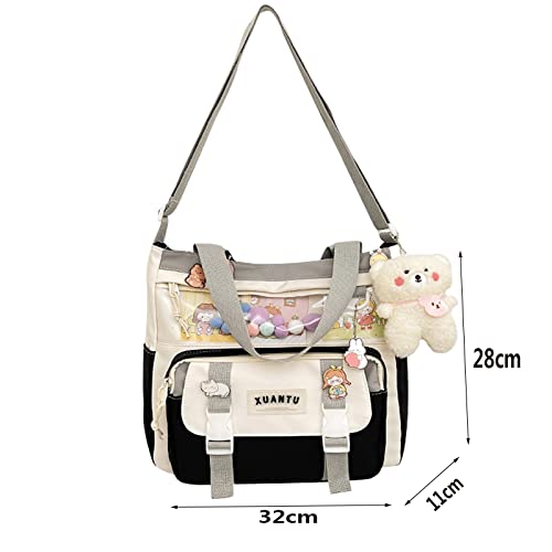 Aesthetic Messenger Bag with Stuffed Pendant and Pins Kawaii Crossbody School Hobo Bag for Women Girls (B-1-Black)