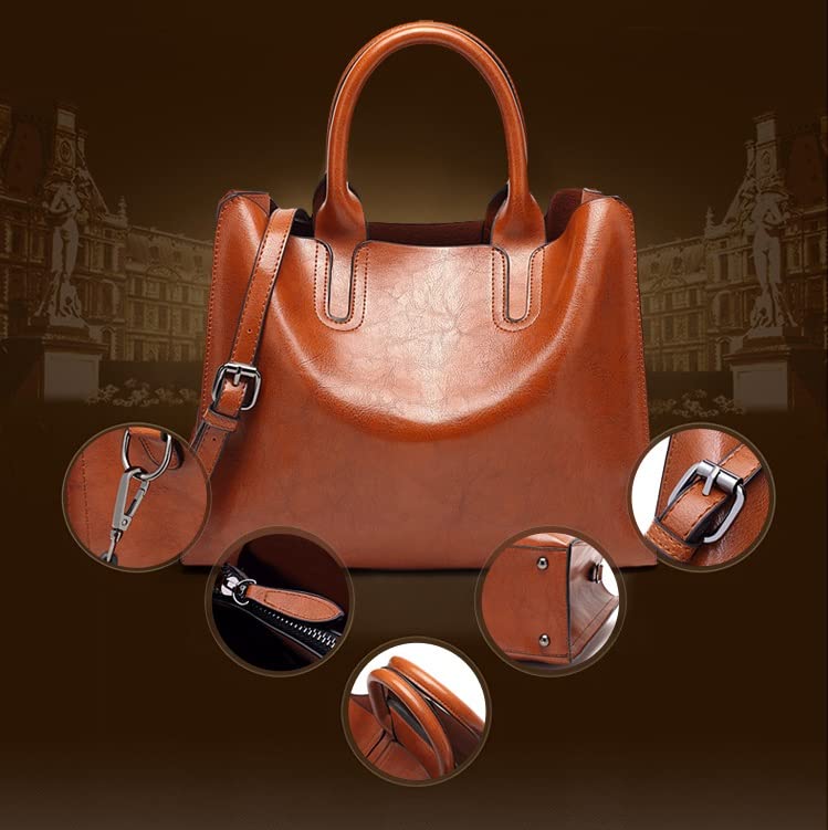 ZOSIVEB Women Fashion Tote Handbags Lightweight PU Leather Satchel Shoulder Bags Retro Oil Wax Handle Purse（Brown）