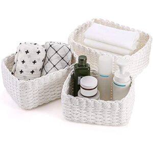 coloch set of 3 paper rope woven storage basket, recyclable makeup organizer bin stackable nesting basket for shelf, countertop, toys, towels, small household items, white 3 sizes