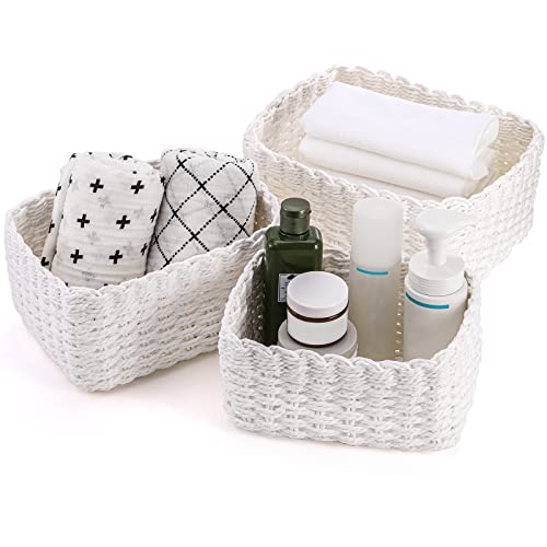 Coloch Set of 3 Paper Rope Woven Storage Basket, Recyclable Makeup Organizer Bin Stackable Nesting Basket for Shelf, Countertop, Toys, Towels, Small Household Items, White 3 Sizes