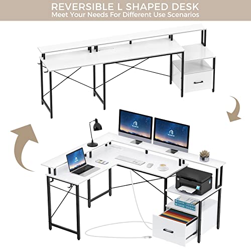 Rolanstar Computer Desk with Power Outlet & LED Strip and File Drawer, 68" Reversible L Shaped Computer Corner Desk with Printer Cabinet and Monitor Shelf, Modern Home Office Desk, Writing Desk,White