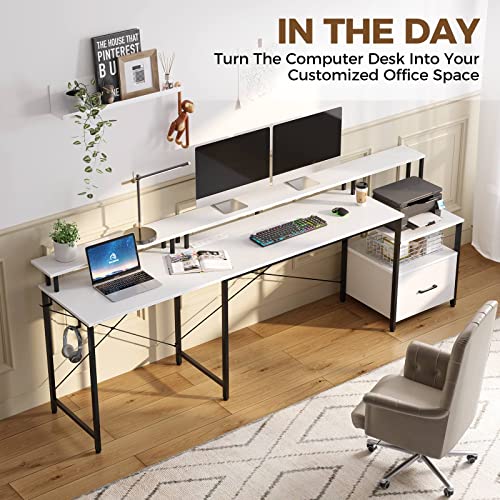 Rolanstar Computer Desk with Power Outlet & LED Strip and File Drawer, 68" Reversible L Shaped Computer Corner Desk with Printer Cabinet and Monitor Shelf, Modern Home Office Desk, Writing Desk,White