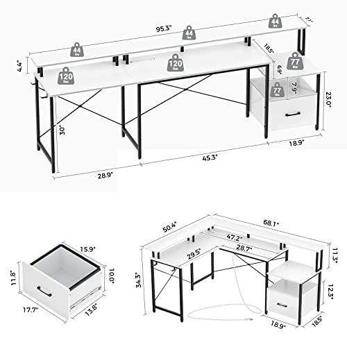 Rolanstar Computer Desk with Power Outlet & LED Strip and File Drawer, 68" Reversible L Shaped Computer Corner Desk with Printer Cabinet and Monitor Shelf, Modern Home Office Desk, Writing Desk,White