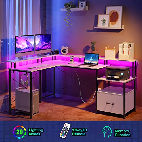 Rolanstar Computer Desk with Power Outlet & LED Strip and File Drawer, 68" Reversible L Shaped Computer Corner Desk with Printer Cabinet and Monitor Shelf, Modern Home Office Desk, Writing Desk,White