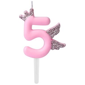 2.6″ large birthday candles, 0-9 crown number candle glitter pink birthday candle cake topper numeral cake candles for baby girl birthday cakes anniversary wedding party (number 5)