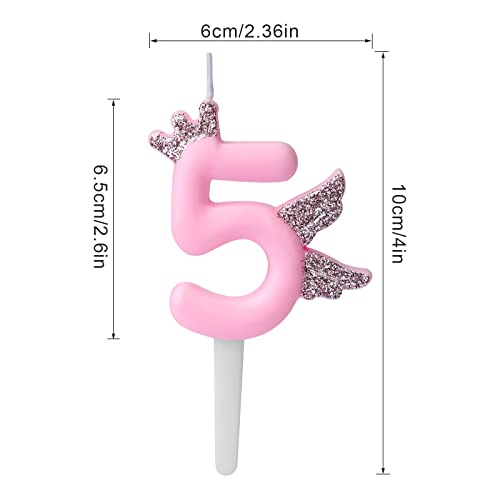 2.6" Large Birthday Candles, 0-9 Crown Number Candle Glitter Pink Birthday Candle Cake Topper Numeral Cake Candles for Baby Girl Birthday Cakes Anniversary Wedding Party (Number 5)