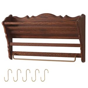 wooden rustic floating shelf, wood floating shelf with towel holder and 5 hooks, farmhouse wall shelf for dishes books mail bill, entryway floating shelf for kitchen bedroom nursery bathroom