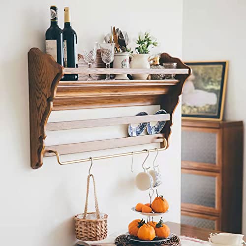 Wooden Rustic Floating Shelf, Wood Floating Shelf with Towel Holder and 5 Hooks, Farmhouse Wall Shelf for Dishes Books Mail Bill, Entryway Floating Shelf for Kitchen Bedroom Nursery Bathroom