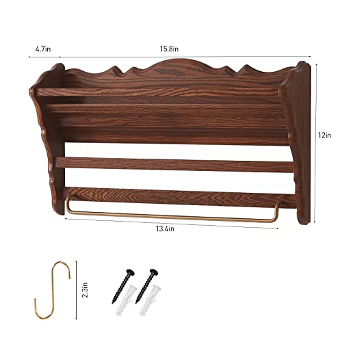 Wooden Rustic Floating Shelf, Wood Floating Shelf with Towel Holder and 5 Hooks, Farmhouse Wall Shelf for Dishes Books Mail Bill, Entryway Floating Shelf for Kitchen Bedroom Nursery Bathroom