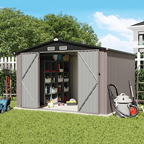 Verano Garden 8’x10’ Outdoor Storage Shed, Large Galvanized Steel Metal Garden Shed, Double Door W/Lock, Outdoor Storage House for Backyard, Patio, Lawn