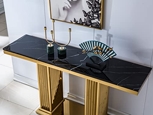 SSLine Real Marble Console Table,Modern Rectangular Luxury Marble Entryway Sofa Table Accent Table with 0.71" Thick Marble Top and Golden Double Pedestal Pillar Stainless Steel Base for Hallway