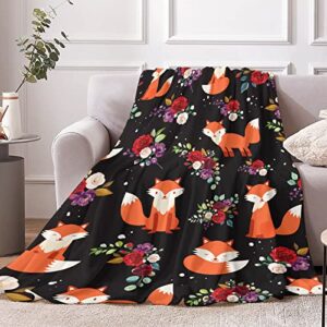 udten Fox Gifts for Women, Fox Blanket with Flower Decor, Fox Gifts for Fox Lovers Fox Blankets for Girls, Fox Throw Blanket for Kids Women Birthday Mother's Day Children's Day Gifts,60"x50", Black