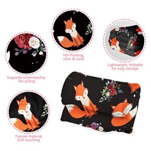 udten Fox Gifts for Women, Fox Blanket with Flower Decor, Fox Gifts for Fox Lovers Fox Blankets for Girls, Fox Throw Blanket for Kids Women Birthday Mother's Day Children's Day Gifts,60"x50", Black