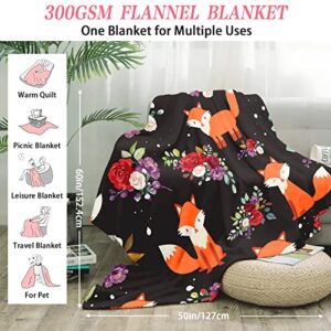 udten Fox Gifts for Women, Fox Blanket with Flower Decor, Fox Gifts for Fox Lovers Fox Blankets for Girls, Fox Throw Blanket for Kids Women Birthday Mother's Day Children's Day Gifts,60"x50", Black